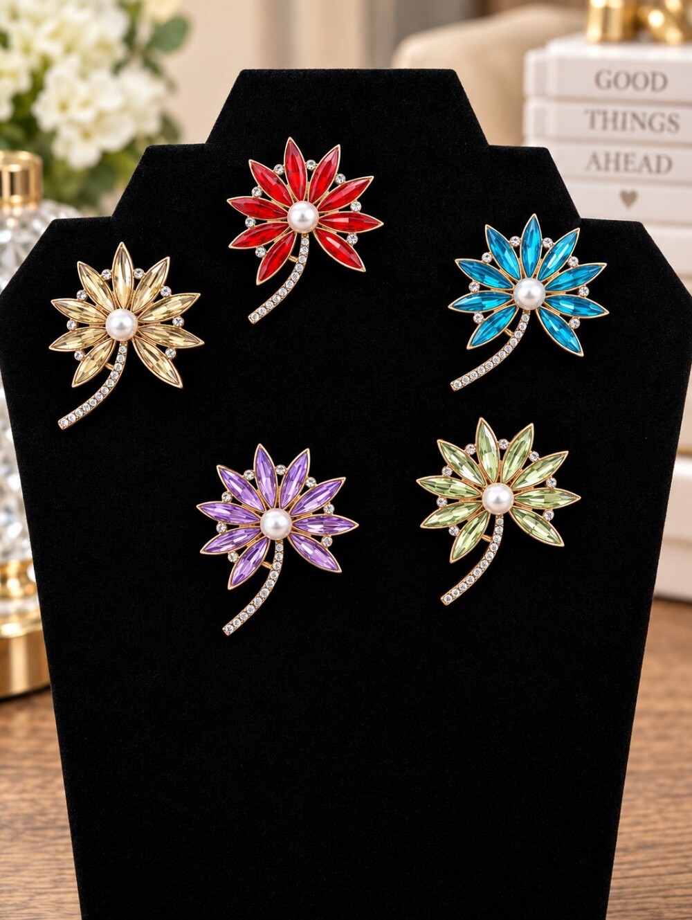 Crystal Flower Brooch Pin Pearl Rhinestone Statement Jewelry Choose Color